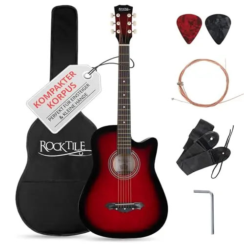 Rocktile WSD-5C-RDB Slim Line Set de Guitares Western - Guitare Acoustique Dreadnought - Corps en Tilleul - Manche : Catalpa - Set incluant housse, cordes de rechange, sangle et médiators - Redburst