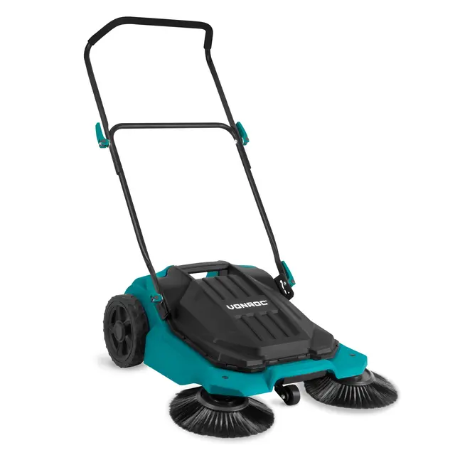 VONROC Balayeuse Mécanique – Largeur de Balayage de 65cm – Bac de Ramassage de 18 litres – 2600m² par Heure - pour Sols Durs en Intérieur et Extérieur - 3 Brosses De Lavage Inclus