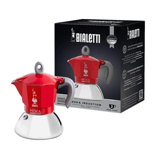 Bialetti - Moka Induction, Cafetière Moka, Convient à Tous Les Types de Plaques de Cuisson, 2 Tasses d'Espresso (100 Ml), Rouge