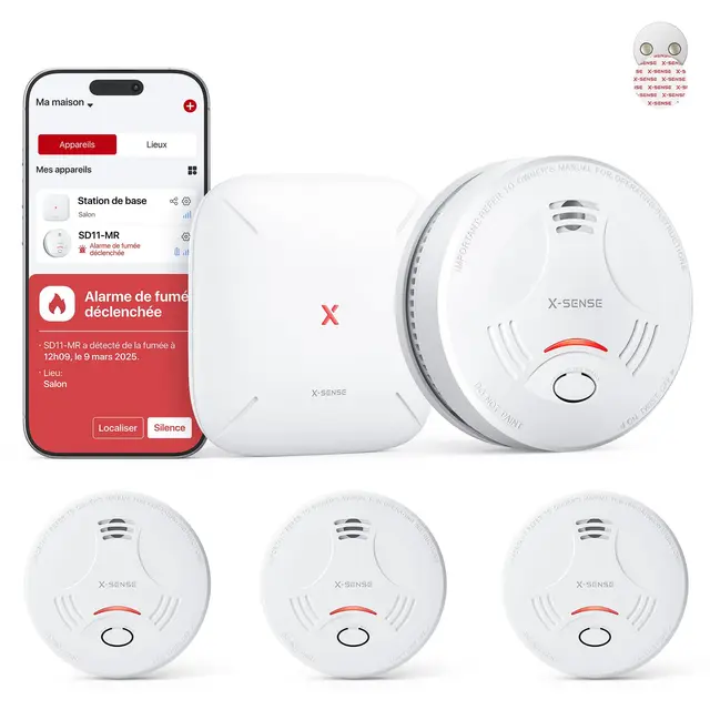 X-Sense Détecteur de Fumée Connecté, Compatible Home Assistant, Alarme Incendie avec Fixation Magnétique sans Perçage, Mode Nuit Silencieux, Batterie Remplaçable, Fonction App Alertes, SD11-MR31