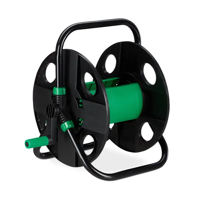 Relaxdays Porte-Tuyau de 30m 1/2 Pouces, Chariot Vide pour Le Jardin, Camping ou Balcon, HBT 39x43x30 cm, Noir-Vert