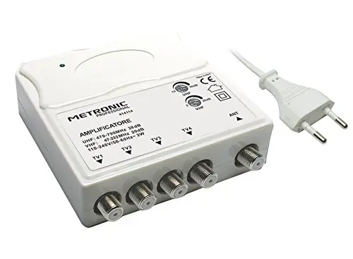 Metronic 414114 Amplificateur TV VHF/UHF pour numérique terrestre avec Filtre LTE, VHF 20 DB et UHF 28 DB réglable, 1 entrée/4 Sorties, intérieur, Blanc