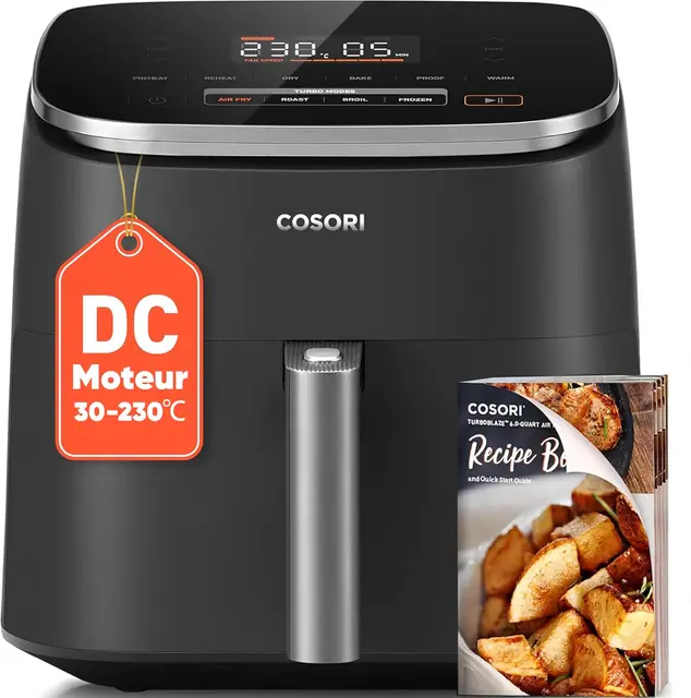 COSORI Air Fryer 6L TurboBlaze, Friteuse sans Huile 9-en-1, Moteur DC 5 Vitesses, Compacte, 53dB Silencieuse, -64% d'Énergie, Panier Antiadhésif Lave-Vaisselle, Jusqu'à 3-5 Personnes, 30-230°C