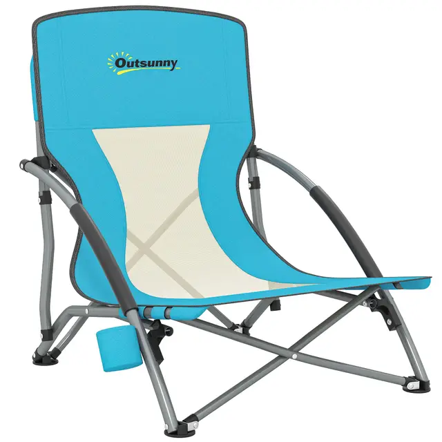 Outsunny Chaise de Plage Pliable, Chaise Camping Pliante légère 2,2 kg, avec Dossier en Maille, Sac de Transport et Porte-gobelet pour Jardin, Pique-Nique, Festival, Voyage, Bleu