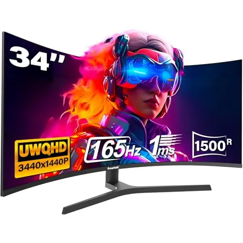 Gawfolk Écran PC Incurvé 34 Pouces, Moniteur Gaming 1500R 165Hz, Ecran PC UWQHD 3440x1440P, 100% sRGB, 1ms MPRT,Interface HDMI & DP, Protection des Yeux,Compatible VESA