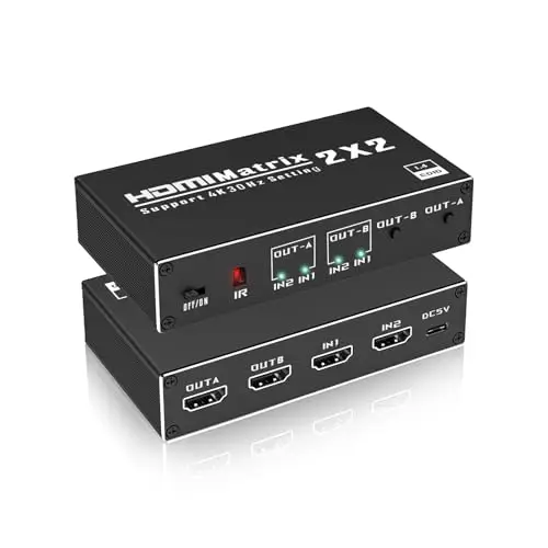 HDMI Matrice 2x2 4K@60Hz - Commutateur HDMI Matrix 2 Entrées 2 Sorties avec Télécommande IR, Prend en Charge Dolby Digital DTS & Dolby HD, HDCP 1.4, HDMI 1.4, YUV 4:2:0 3D pour Home Cinéma