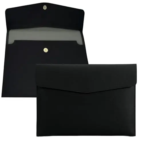 Enveloppe Porte-documents A4 en cuir PU avec Fermeture Métallique, Étanche et Extensible, Grande Capacité pour Dossiers, Portfolio, Bureau, École ou Voyage, Élégant et Polyvalent (Noir)