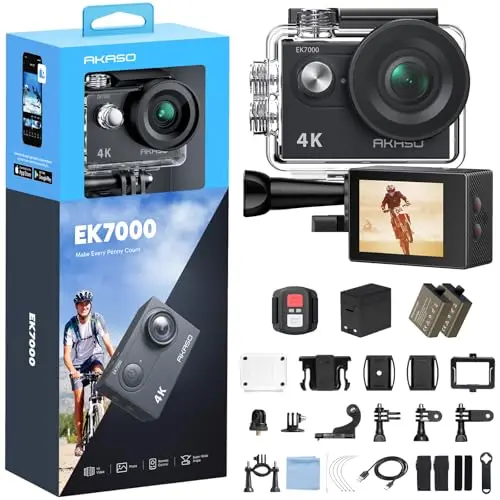 AKASO Caméra Sport 4K 30fps 20MP WiFi - Camera 4k Étanche jusqu'à 30M avec Stabilisation, Grand Angle de 170° - Télécommande 2.4G - Qualité d'image Ultra HD pour Les Passionnés d'Aventure, EK7000 Noir