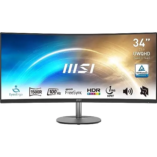 MSI Pro MP341CQ Écran Bureautique Incurvé 34" UWQHD - Dalle VA 1500R, 3440x1440, 100Hz, 1 ms, Confort Oculaire, sRGB 116%, HDR Ready, Haut-Parleurs Intégrés, Inclinaison Réglable - HDMI, DisplayPort