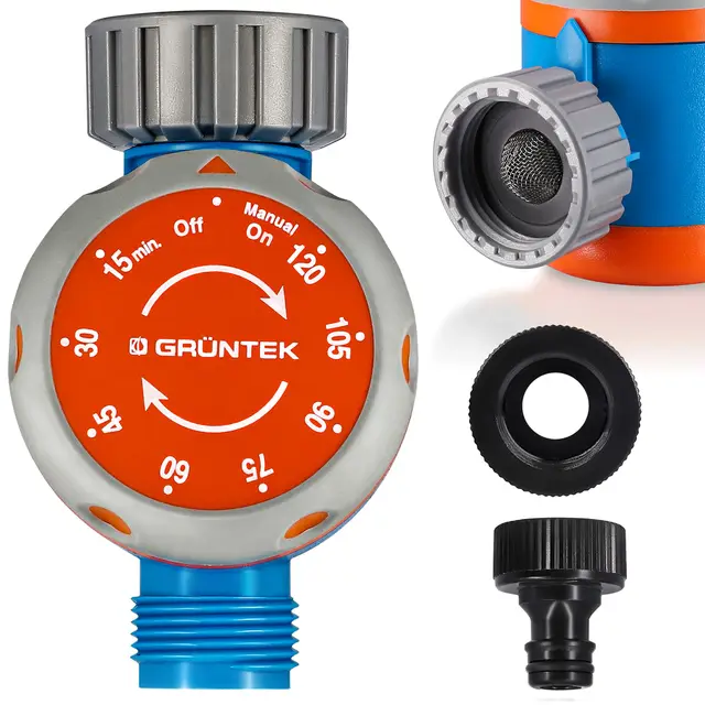 GRÜNTEK Minuterie Arrosage Mécanique Minuteur d'arrosage automatique Jardin pour Robinet 1/2 et 3/4 et Arroseur. Programmation entre 15 et 120 min ultra-simple.
