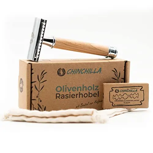 Chinchilla Rasoir de Sécurité en Bois d’Olivier Tête Double Tranchant & 10 Lames Universelles Inclus, Brun