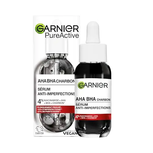 Garnier - Pure Active - Sérum Anti-Points Noirs & Imperfections au Charbon - 4% Niacinamide, Acide Salicylique & Acide Lactique - Peaux Grasses à Tendance Acnéique - Vegan & Cruelty Free - 30 ml