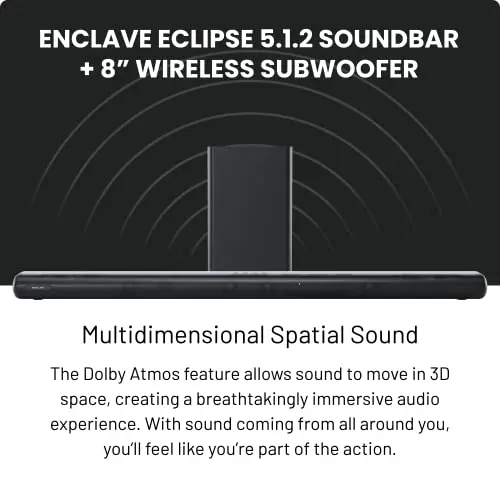 Enclave Eclipse 5.1.2 Dolby Atmos Barre de son avec caisson de basses sans fil de 20,3 cm – Comprend 11 pilotes personnalisés et un caisson de basses de 20,3 cm pour un son spatial multidimensionnel