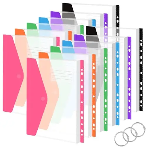 Pochette Plastique A4, Vakki Pochettes Porte-Documents avec Rabat, Pochette Perforee Transparente Couleurs, Classeur pochette Lot de 12
