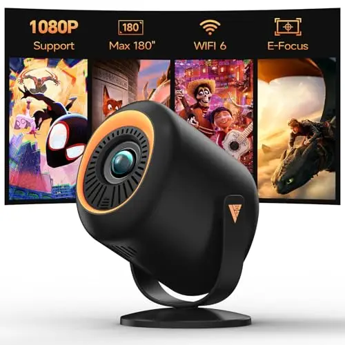 Vamvo vidéoprojecteur avec Wi-FI 6 et Bluetooth 5.4, Projecteur Portable Native 1080P avec réglable à 180°, Home Cinéma,Mini Projecteur,Max 180 Pouces, pour PC/Lap/Stick/HDMI(Noir)