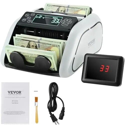 VEVOR Compteuse de Billets USD et EUR, Détecteur de Faux Billets Contrefaçon UV, MG, IR et DD, Machine à Compter Les Billets avec Grand Écran LCD et Écran Externe, pour Petites Entreprises Banques