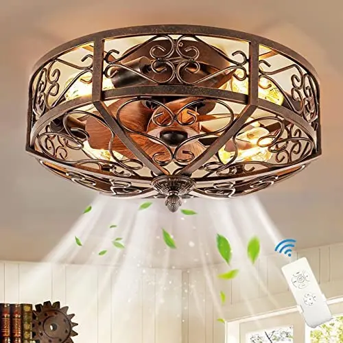 Retro Deckenventilator Mit Beleuchtung Und Fernbedienung E27 Leise Fan Deckenleuchte Industrial Schlafzimmer Lampe Vintage Eisenkäfig Ventilator Deckenlampe für Wohnzimmer Esszimmer Küche Lüfter Licht