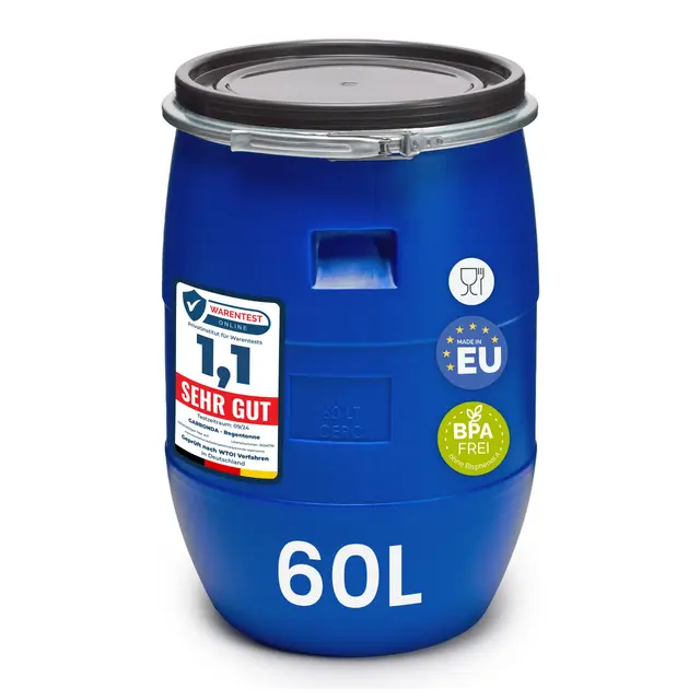 Garronda réservoir d'eau de 60 litres, Baril Alimentaire, fût à Large Ouverture en HDPE et sans BPA, tonneau de Jardin, bac à Aliments pour Animaux, conteneur d'eau, tonneau Universel GD-0078, Bleu