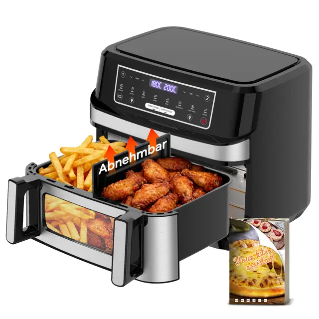 Air Fryer 12L | Friteuse à Air Chaud XXL Mode Flexible 1 ou 2 Zones, 2600W Double Chauffage Contrôle Indépendant Fenêtre et Éclairage, Friteuse sans Huile 2 Compartiments 8-en-1 Écran Tactile Recettes