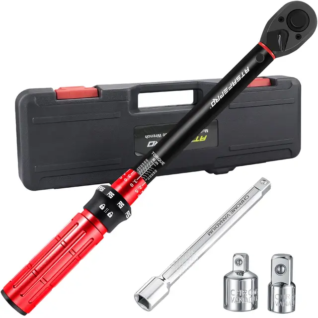 ATsafepro Clé Dynamométrique 3/8'',cle dynamometrique 5-60 Nm, Précision ±3%, Adaptateurs 1/4" & 1/2" et Barre d'Extension, pour Voiture, Moto, Vélo et Bricolag
