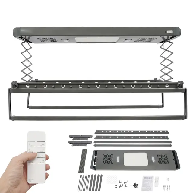 Séchoir à linge électrique pour montage au plafond, mural et au plafond avec ventilateur + télécommande + stérilisation de lumière bleue, étendoir à linge élévant, plafond réglable de 130 à 215 cm