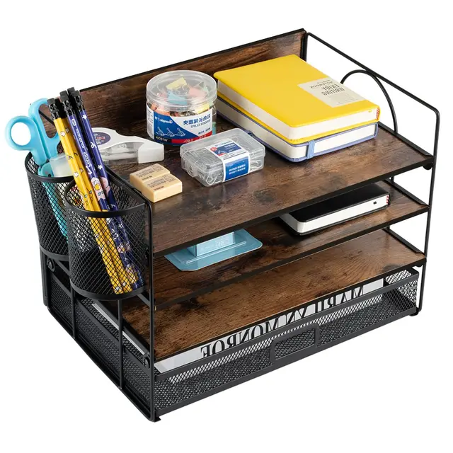 Organiseurs de bureau et accessoires à 4 niveaux, organiseur de bac à courrier en papier, organisateur de dossiers de bureau en bois vintage avec tiroir et 2 porte-stylos