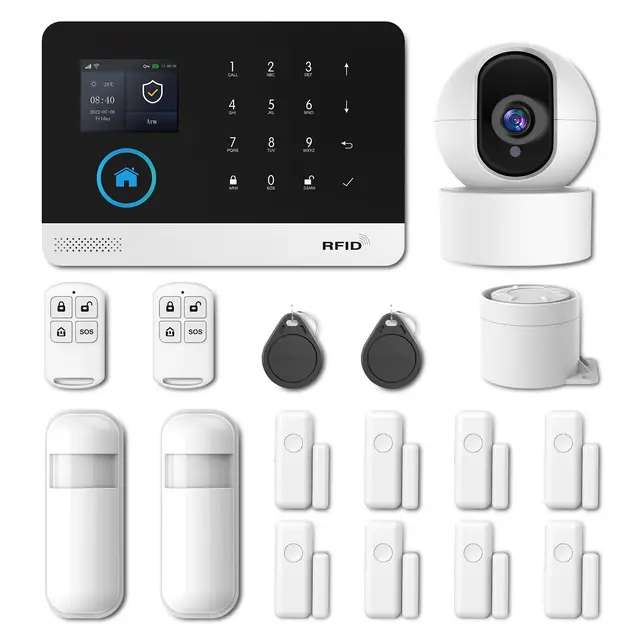 Système d'alarme Domestique sans Fil, 17 pièces GSM SMS WiFi Système d'alarme antivol Complet, sirène d'alarme avec PIR, capteur de fenêtre de Porte, télécommande pour Appartement, Garage, Bureau