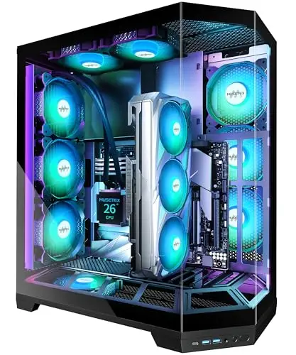 MUSETEX Boitier PC, Conception de Montage Vertical du GPU, pré-Installation 5 Ventilateurs PWM ARGB, 360MM RAD Support, Boîtier ATX Mid Tower avec Type C, Verre panoramique 270°, Noir (GR3)