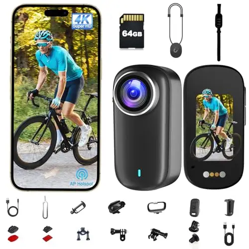 Camera Sport, Mini Camera Vlog POV WiFi 4K Bextgoo, Action Cam avec Carte 64 Go, Caméra Moto étanche IP65, Mini Caméra Portable avec Autonomie Jusqu’à 240 Minutes