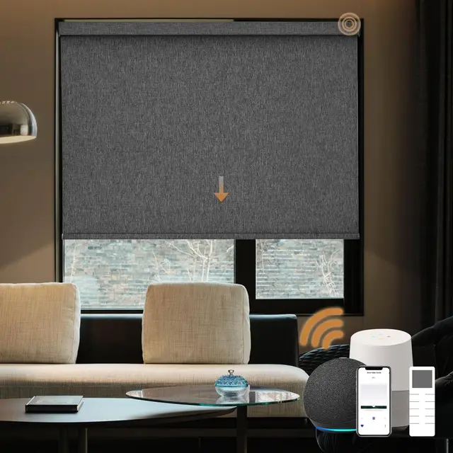 Smart Stores occultants motorisés avec télécommande – Stores à enroulement électrique de taille personnalisée pour fenêtres (tissu gris anthracite) – 50,8 cm, 279,4 cm de large, compatible avec les