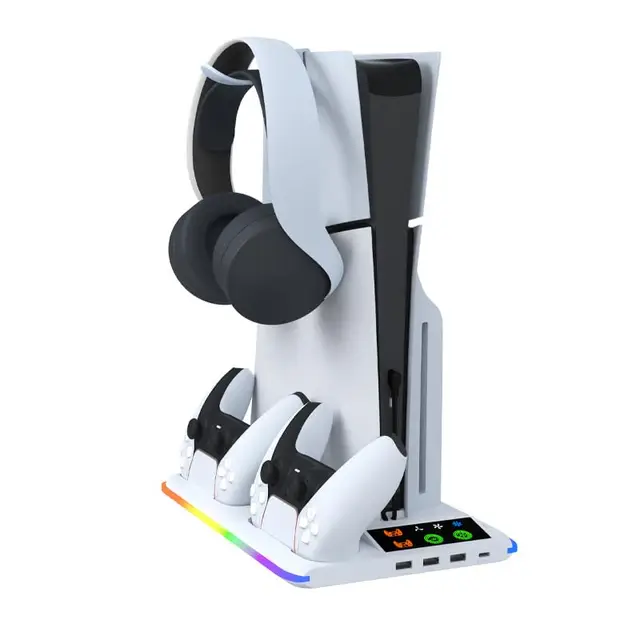 Support PS5 pour PS 5/PS5 Slim - Station Vertical Ventilateur de Refroidissement à 3 Vitesses, 2 Chargeur Manette PlayStation, Lumière RVB, Socle PS Cinq avec 3 Ports USB et Crochet pour Casque