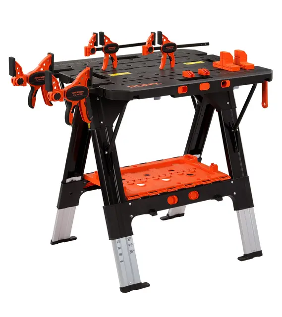 PONY Établi de Serrage 2 en 1, Établi Pliant avec 4 Serre-Joints, Chevalet de Sciage et Table de Travail, Capacité de Charge Jusqu’à 454 kg / 227 kg, Pieds en Aluminium pour Une Stabilité Optimale