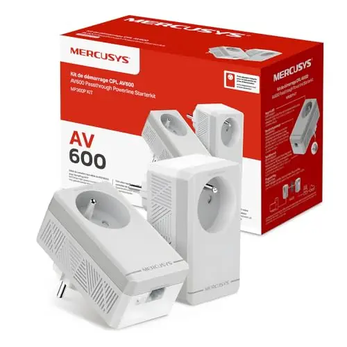 Mercusys MP300P KIT CPL 600Mbps avec 1 Port et Prise Intégrée Type F, Boitier CPL Kit de 2 - idéal pour Profiter du Service Multi-TV à la Maison, Compatible Toutes Les Box