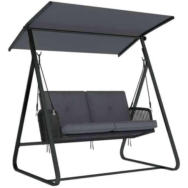 Outsunny Balancelle de Jardin 2 Places en Résine Tressée, Balançoire Extérieure avec Toit Réglable et Coussin Épais, Cadre en Acier, Charge 240 kg, pour Balcon, Jardin, Terrasse, 150x128x168cm, Gris