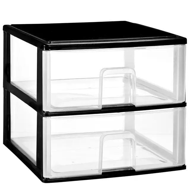 Boîte de rangement avec 2 grands tiroirs 38x37x32 cm - Plastique noir-transparent Drawer Tower Box Organisateur pour bureau Système Easy-Pull