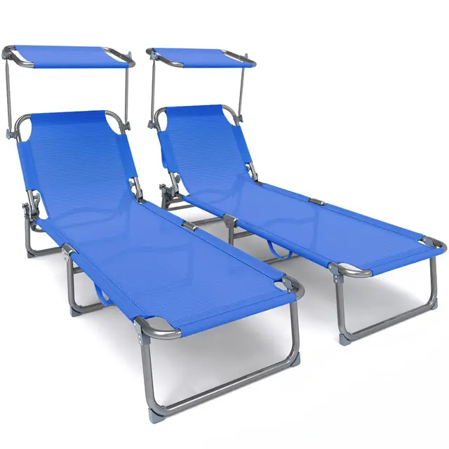 Vounot Chaise Longue Textilène avec Parasol Bleu – Lot de 2