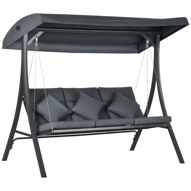 Outsunny Balancelle de Jardin 3 Places Grand Confort Inclinaison Toit réglable Matelas fourni Acier Polyester dim. 202L x 115l x 168H cm Gris foncé