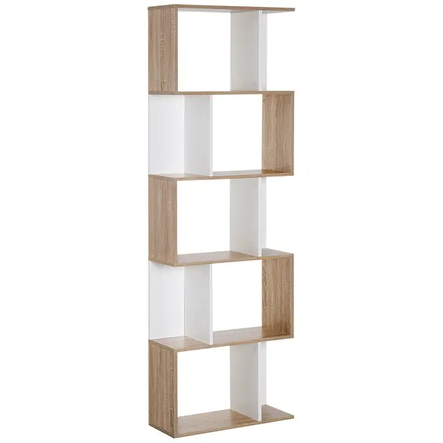 HOMCOM Bibliothèque 5 Niveaux Forme S Chêne