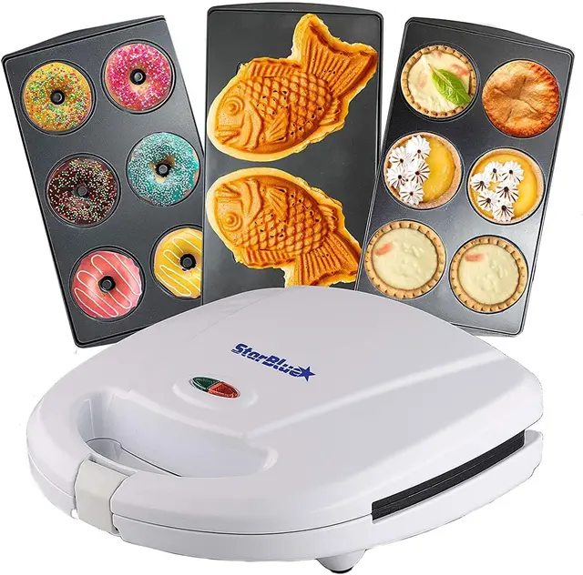StarBlue Appareil Pour Petits Beignets, Tartes Et Quiches, Machine A Taiyaki, 3 En 1, Avec Plaque Amovible, 220-240 V CA, 50/60 Hz, 700-800 W, Blanc