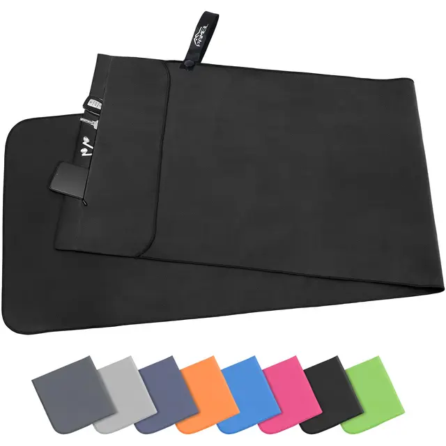Pameil Serviette Microfibre 120 x 50 cm, Séchage Rapide & Ultra Absorbante Serviette Sport Musculation avec Poche Zippée, la Serviette de Sport et Serviette Voyage Parfaite (Noir)