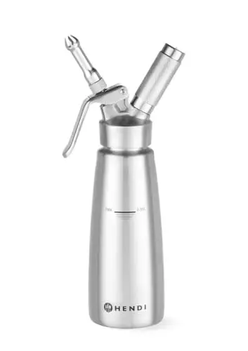 HENDI Siphon à chantilly, avec 3 douilles en acier inoxydable et 1 brosse de nettoyage, pour mousses, desserts et sauces, siphon à crème, 500ml, ø85x(H)235mm, acier inoxydable