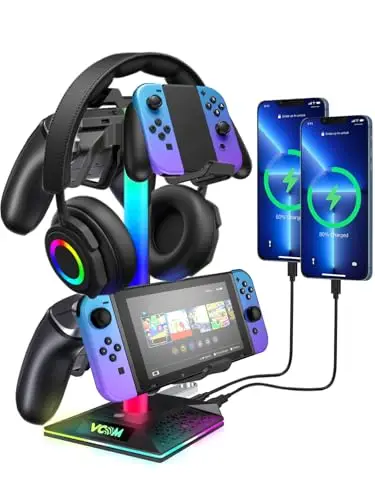 VCOM Support Casque Gamer, RGB Porte Casque avec 10 Modes d'éclairage, Support Manette avec 3 Ports USB pour Gamer, Xbox, PS5 Accessoires de Casque