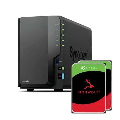 Synology DS225+ 2 baies DiskStation NAS (Intel Celeron J4125 Quad-Core, 2 Go Non-ECC DDR4 SODIMM 1 x 2,5 GbE et 1 x 1 GbE RJ-45 LAN-Port) Pack de 8 To avec 2 disques Seagate IronWolf de 4 To