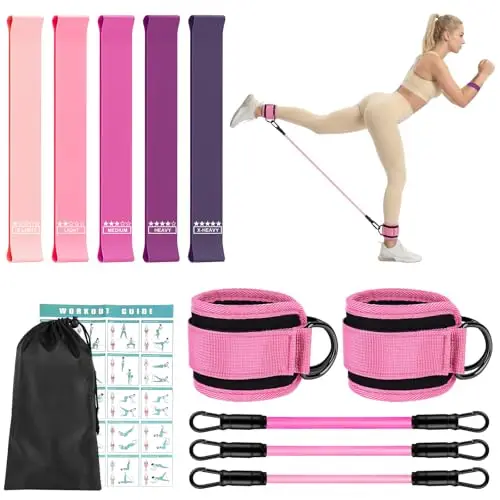 HOTUT 5PCS Élastique Musculation, 3PCS Sangle Cheville Musculation Poulie, 5 Niveaux de Force + 3 Niveaux de Force,avec Double Anneau D, pour Fitness Pilates Yoga Gym Exercice Tirage