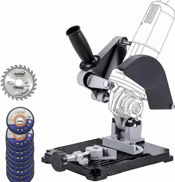 KATSU Support pour Meuleuse d'Angle - Ø 100mm à 125mm Base en Fonte Robuste de Support de Tronçonnage pour Meuleuse électrique avec 11 Disques de Coupe en Bois et en Acier 105422