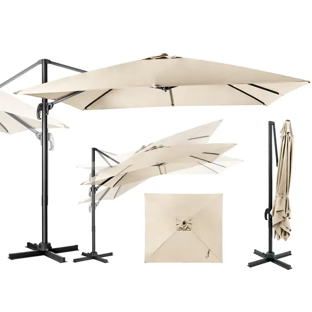 GOPLUS Parasol de Jardin Exterieur, Parasol Déporté 3x3M, avec Toile Inclinable à Double Couche, Manivelle, 8 Baleines, Rotation à 360°, Anti-UV, pour Balcon Terrasse Patio, Beige
