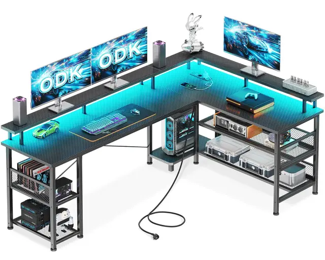 ODK Bureau Gaming avec LED, 168×120cm Bureau Gaming Réversible avec 2 Prises et 2 Ports USB, Grand Bureau d'angle avec Étagère en Maille, Noir Carbone
