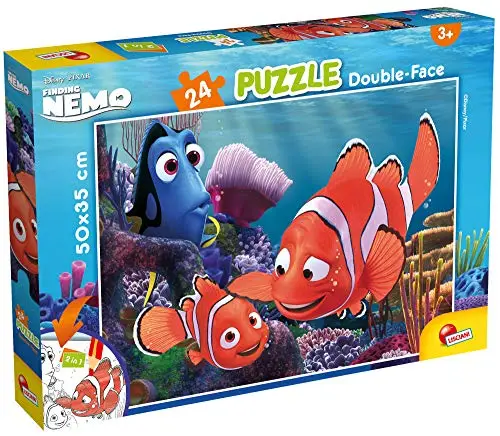 Lisciani - DISNEY PUZZLE - Nemo 24 Pièces - Pour Enfants dès 3 Ans - Puzzle Double Face - 50 x 35 cm - Verso A Colorier - 4 Feutres Inclus - Jeu Educatif Développe la Motricté Fine