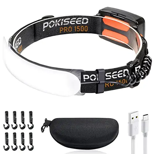 POKISEED Lampe Frontale LED Ultra Puissante 1500 LM, Lampe Frontale Rechargeable USB-C 5000 mAh, Faisceau Large 230°, 3 Modes, Étanche IPX6, Clips pour Casque – Course, Camping, Pêche et Travail