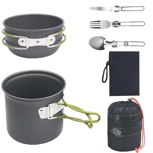 Batterie de cuisine de camping pour 1 à 2 personnes - En aluminium - Portable - Avec couverts pliables - Pour l'extérieur, les voyages, la randonnée